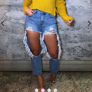 Blue Light Wash High Waisted Extreme Knee Rip Jeans - Kevita